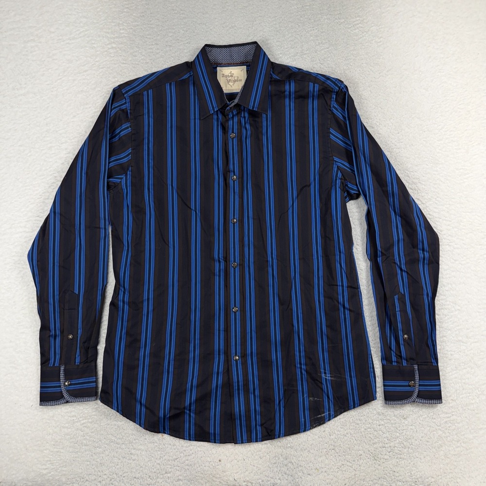 Age of Wisdom Shirt Mens Large Blue Navy Black Stripe Casual Snap Button Up